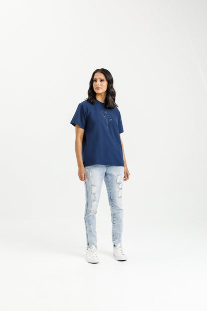 Chris Tee - Indigo Blue with Tonal Floral Print