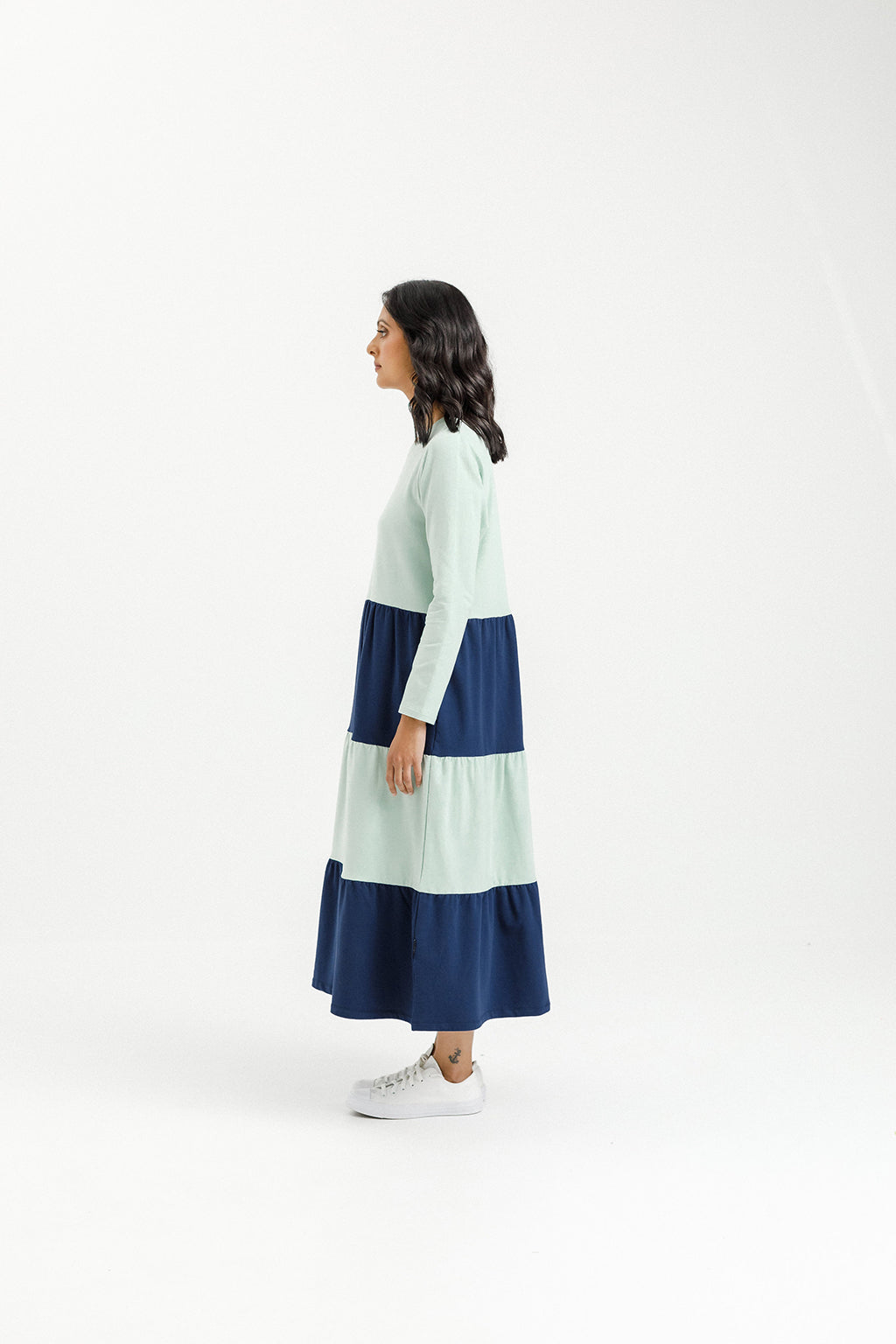 Long Sleeve Kendall Dress - Seafoam and Indigo Blue