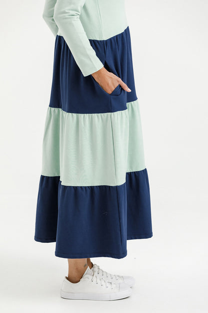 Long Sleeve Kendall Dress - Seafoam and Indigo Blue