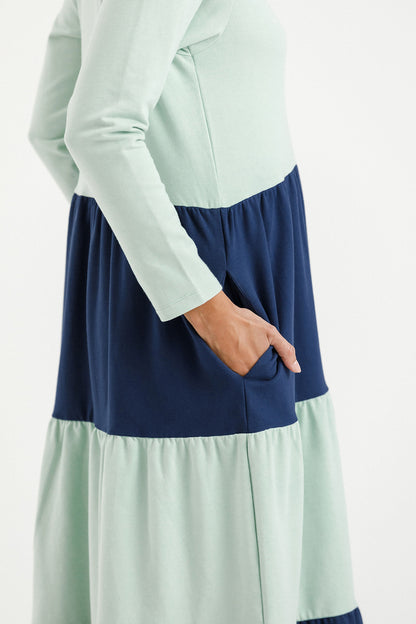 Long Sleeve Kendall Dress - Seafoam and Indigo Blue