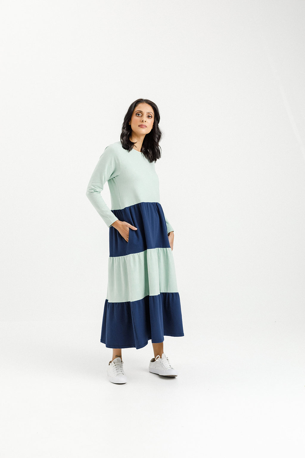 Long Sleeve Kendall Dress - Seafoam and Indigo Blue