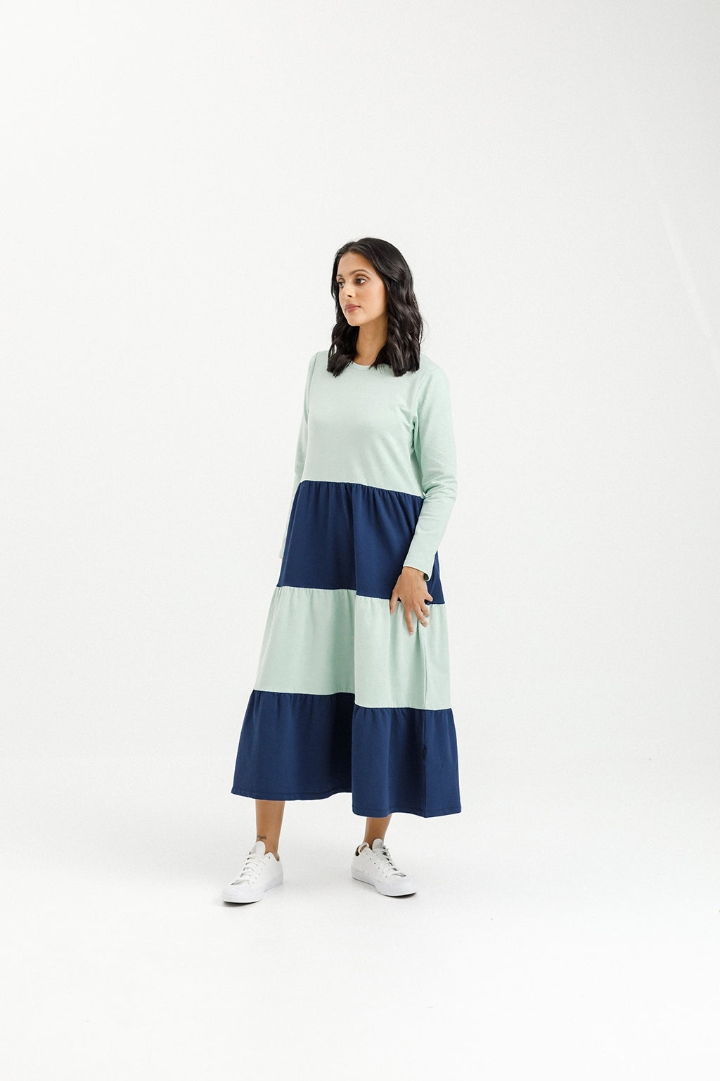 Long Sleeve Kendall Dress - Seafoam and Indigo Blue