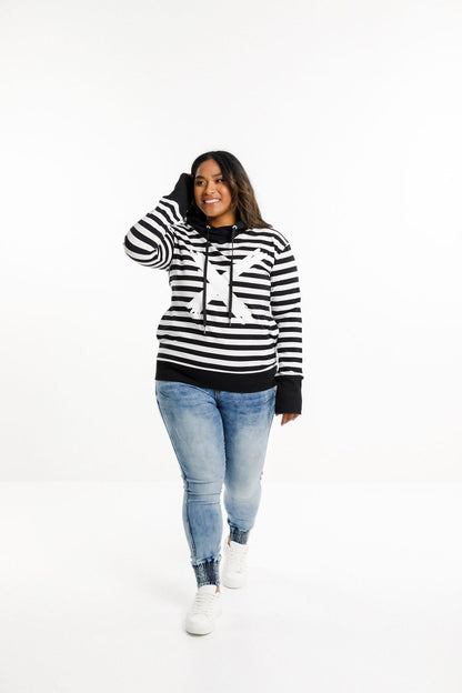 Hooded Sweatshirt - Black and White Stripes with White X