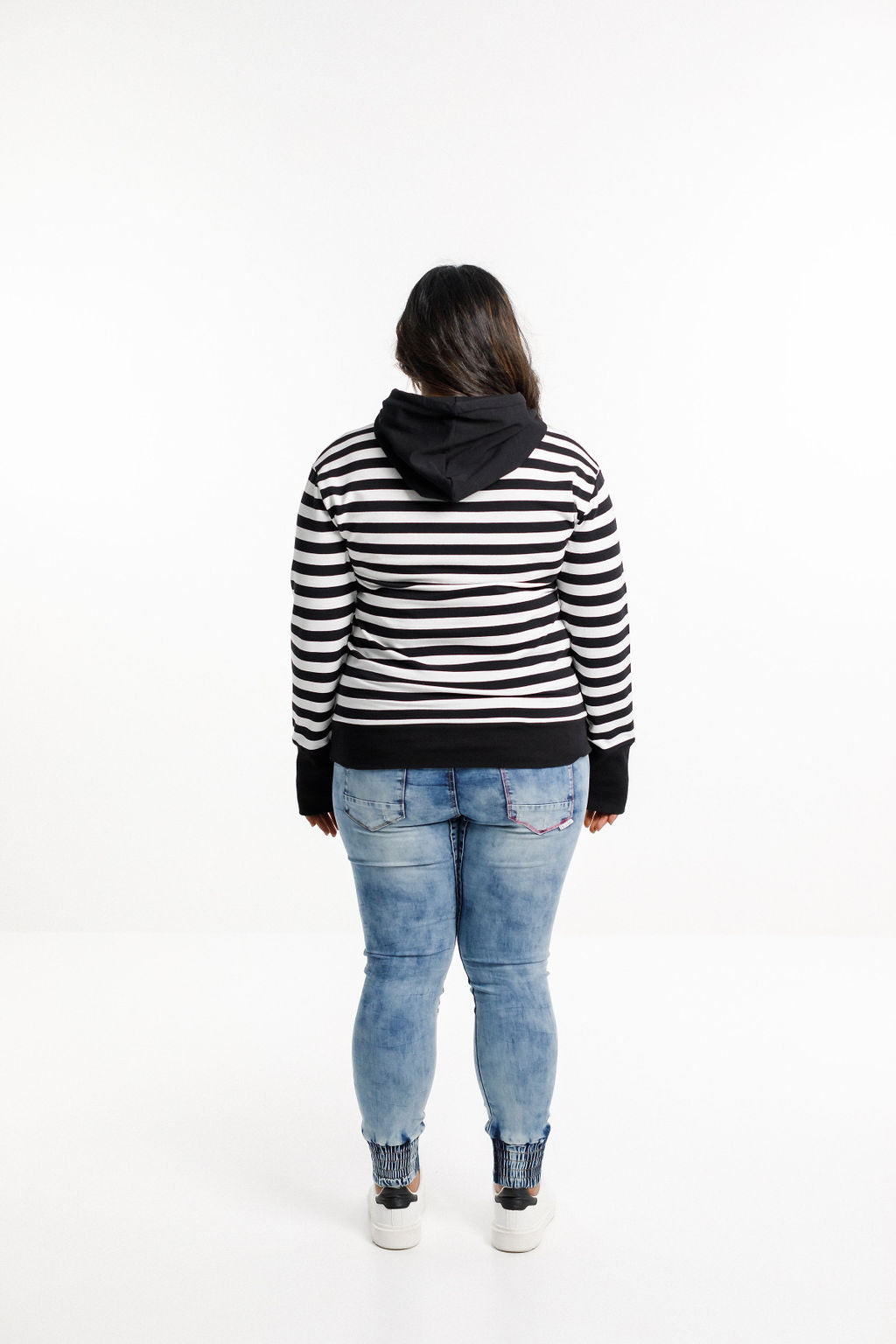 Hooded Sweatshirt - Black and White Stripes with White X