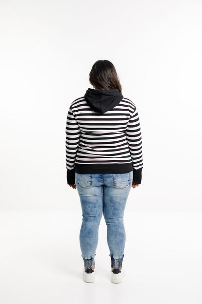Hooded Sweatshirt - Black and White Stripes with White X