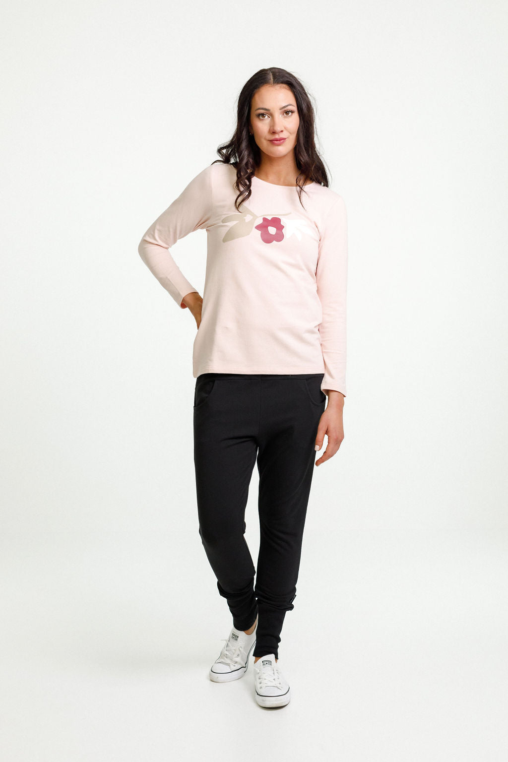 Long Sleeve Taylor Tee - Winter Weight - Peach with Meta Floral Bouquet Print