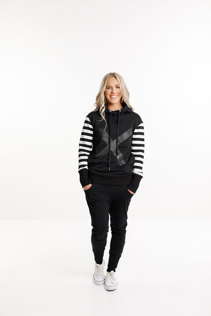 Hooded Sweatshirt - Black with Black &amp; White stripe sleeves and X print