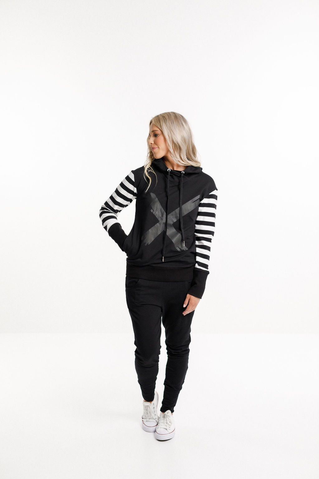 Hooded Sweatshirt - Black with Black &amp; White stripe sleeves and X print