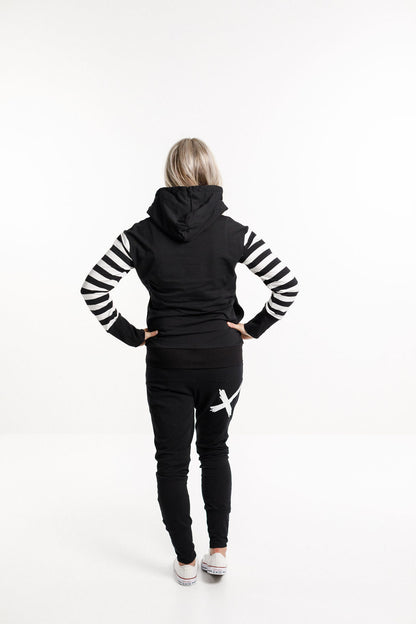 Hooded Sweatshirt - Black with Black &amp; White stripe sleeves and X print