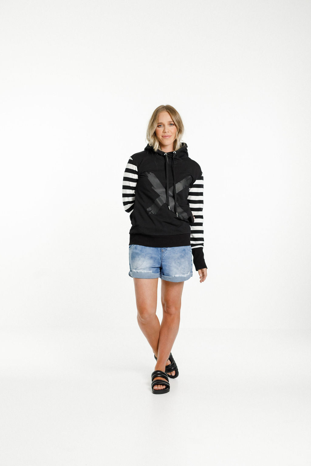 Hooded Sweatshirt - Black with Black &amp; White stripe sleeves and X print