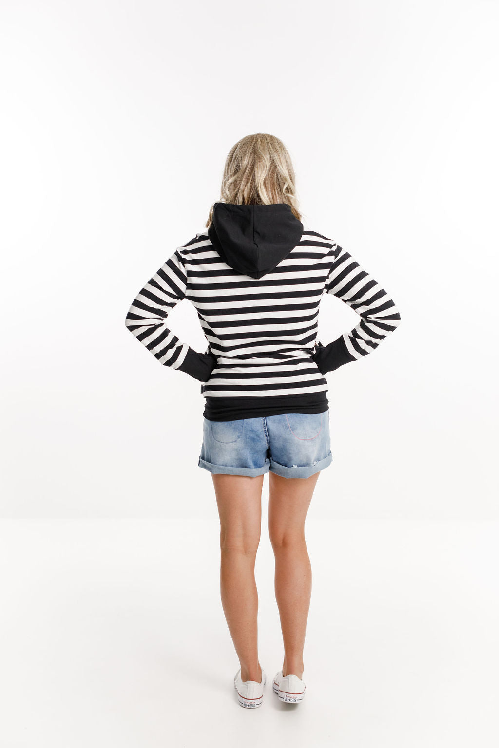 Hooded Sweatshirt - Black and White Stripes with White X