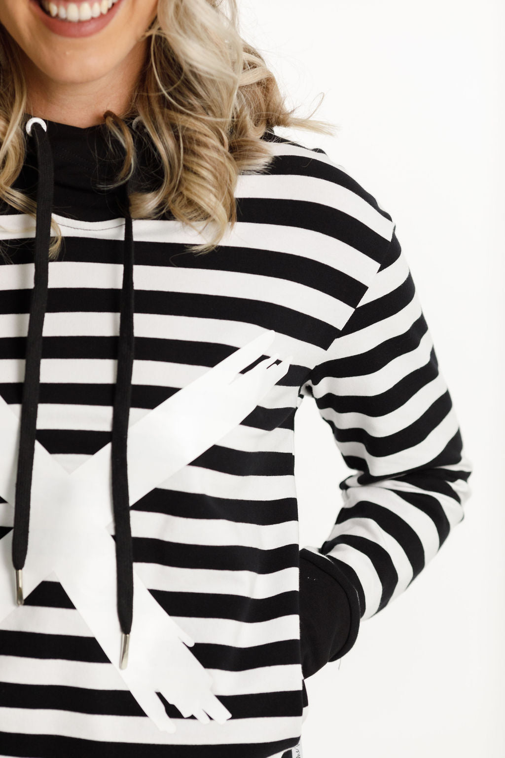 Hooded Sweatshirt - Black and White Stripes with White X