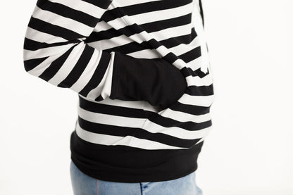 Hooded Sweatshirt - Black and White Stripes with White X