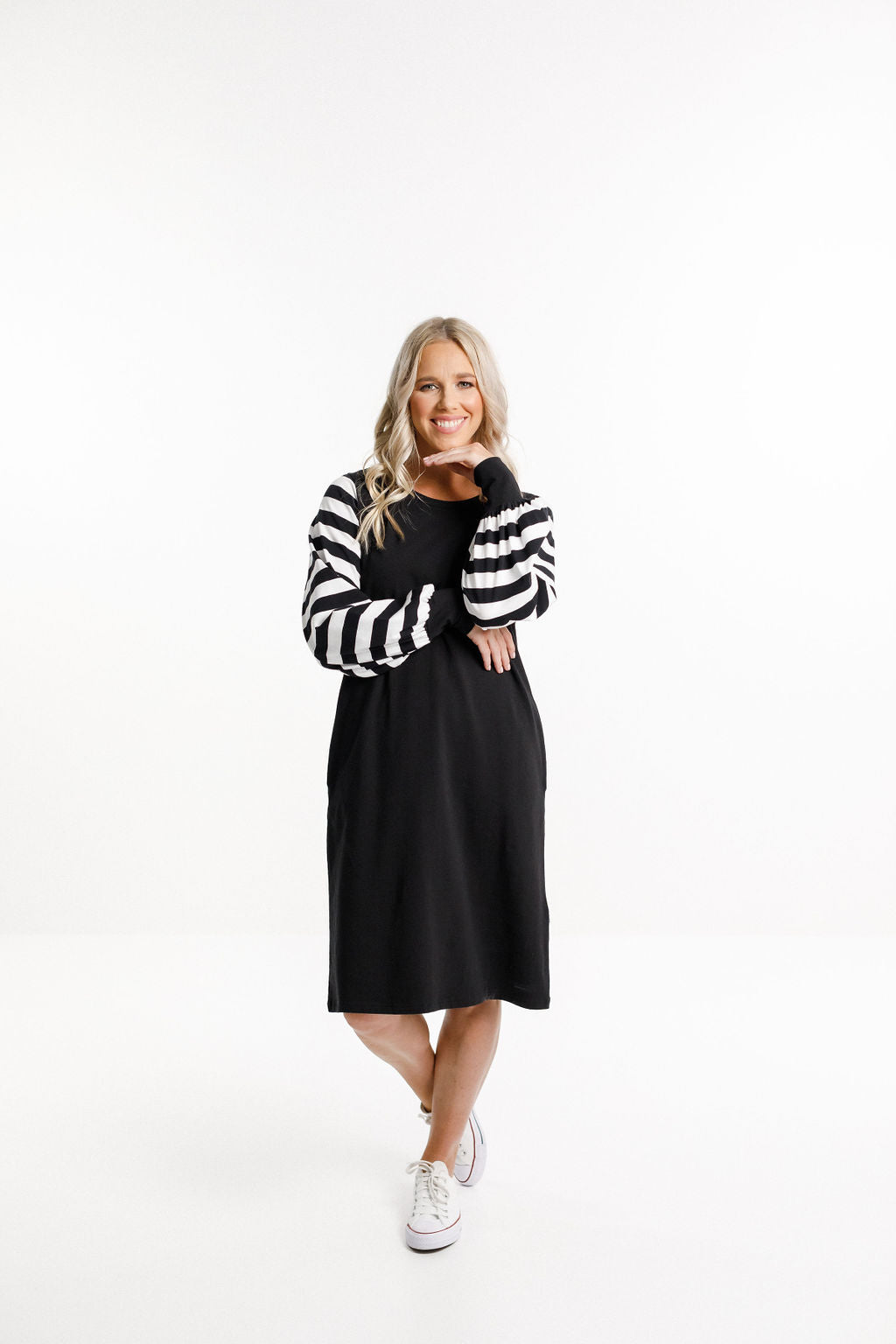 Laylah Dress - Black with Black &amp; White Striped Sleeves