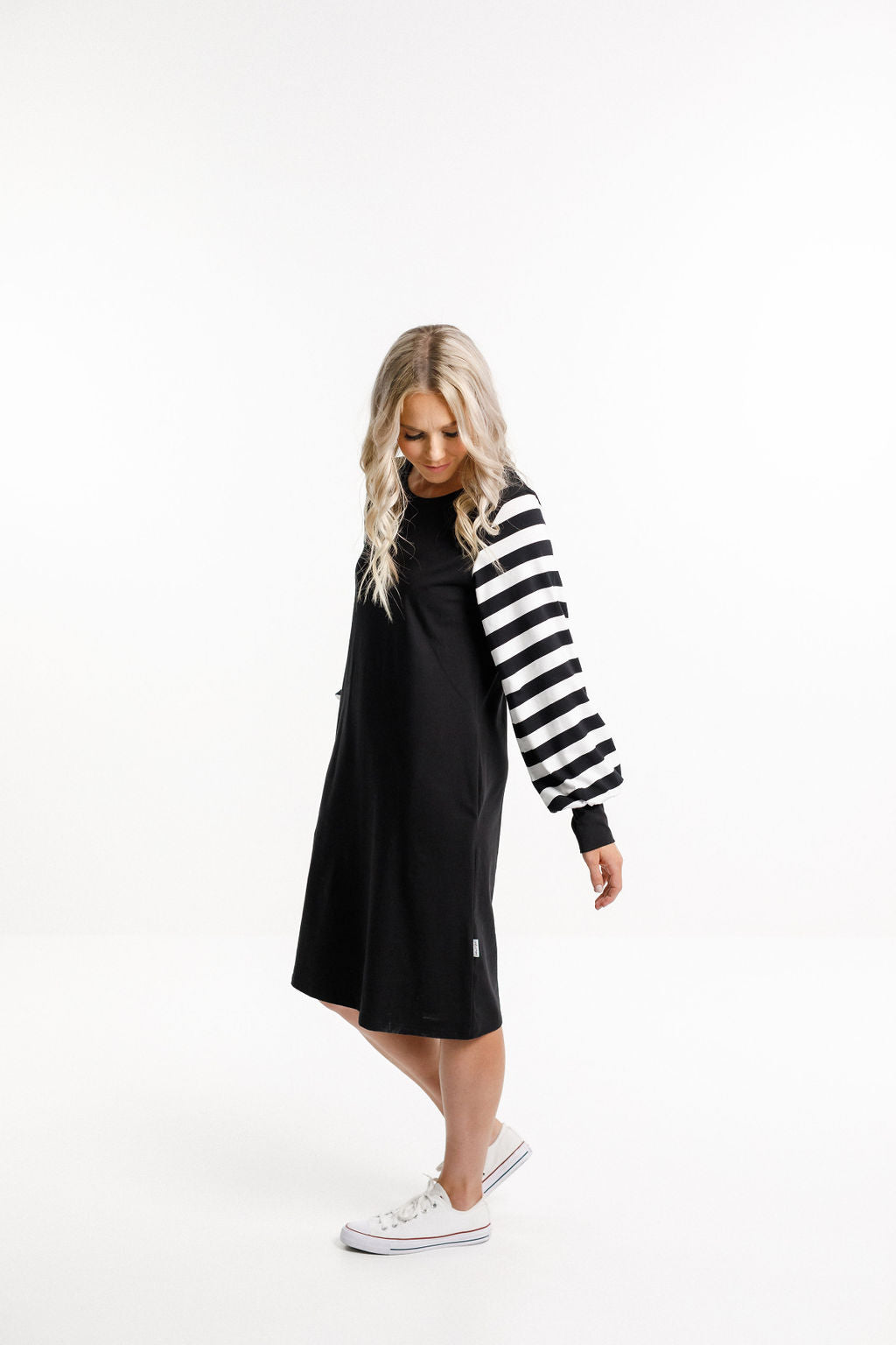 Laylah Dress - Black with Black &amp; White Striped Sleeves