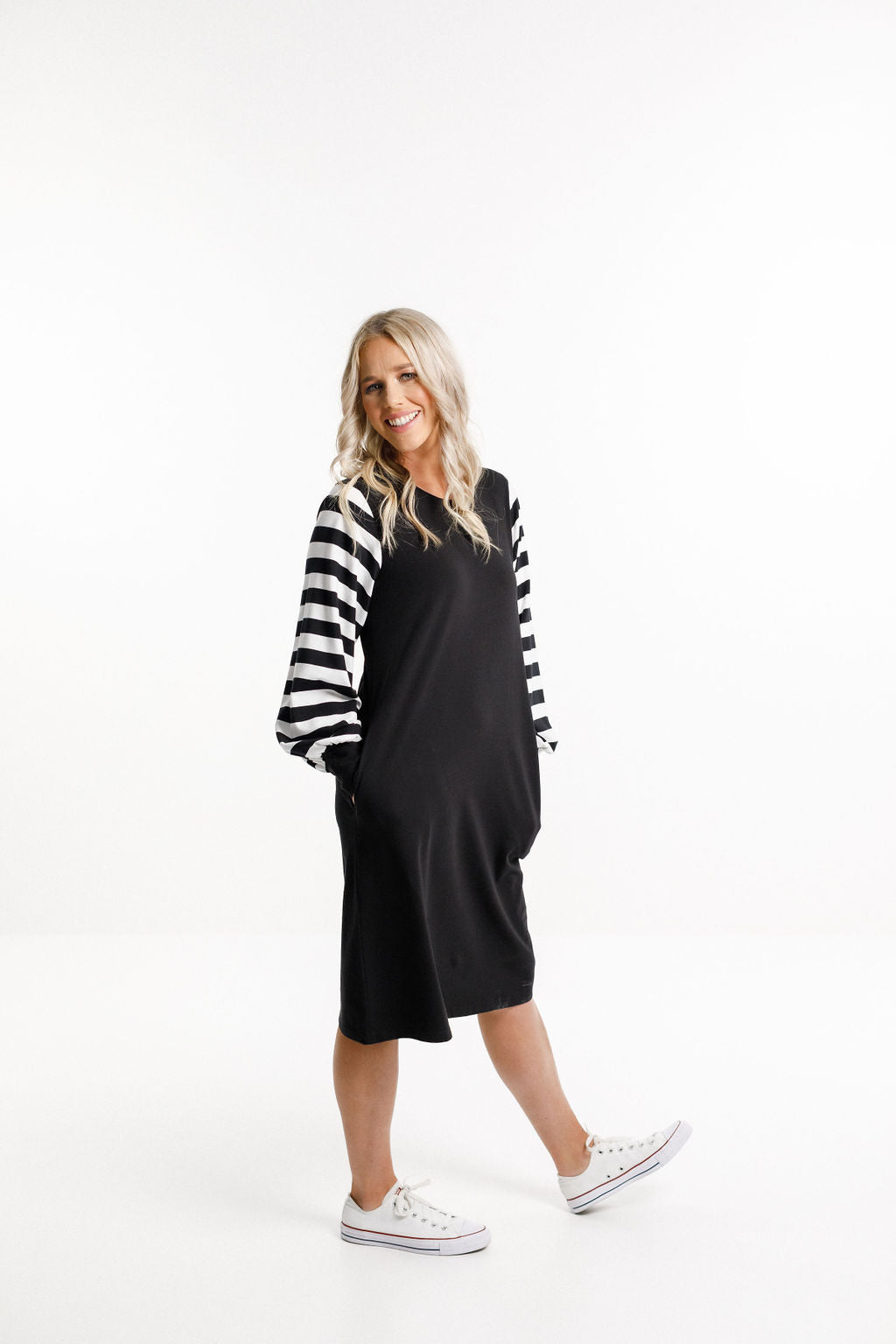 Laylah Dress - Black with Black &amp; White Striped Sleeves