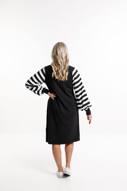 Laylah Dress - Black with Black &amp; White Striped Sleeves