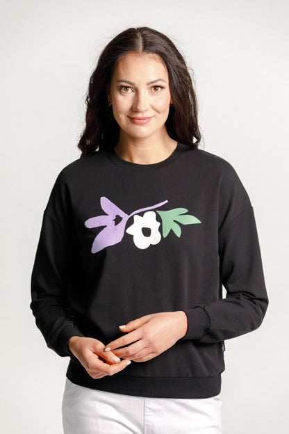 Camilla Crew - Sale - Black with Meta Floral Bouquet Print