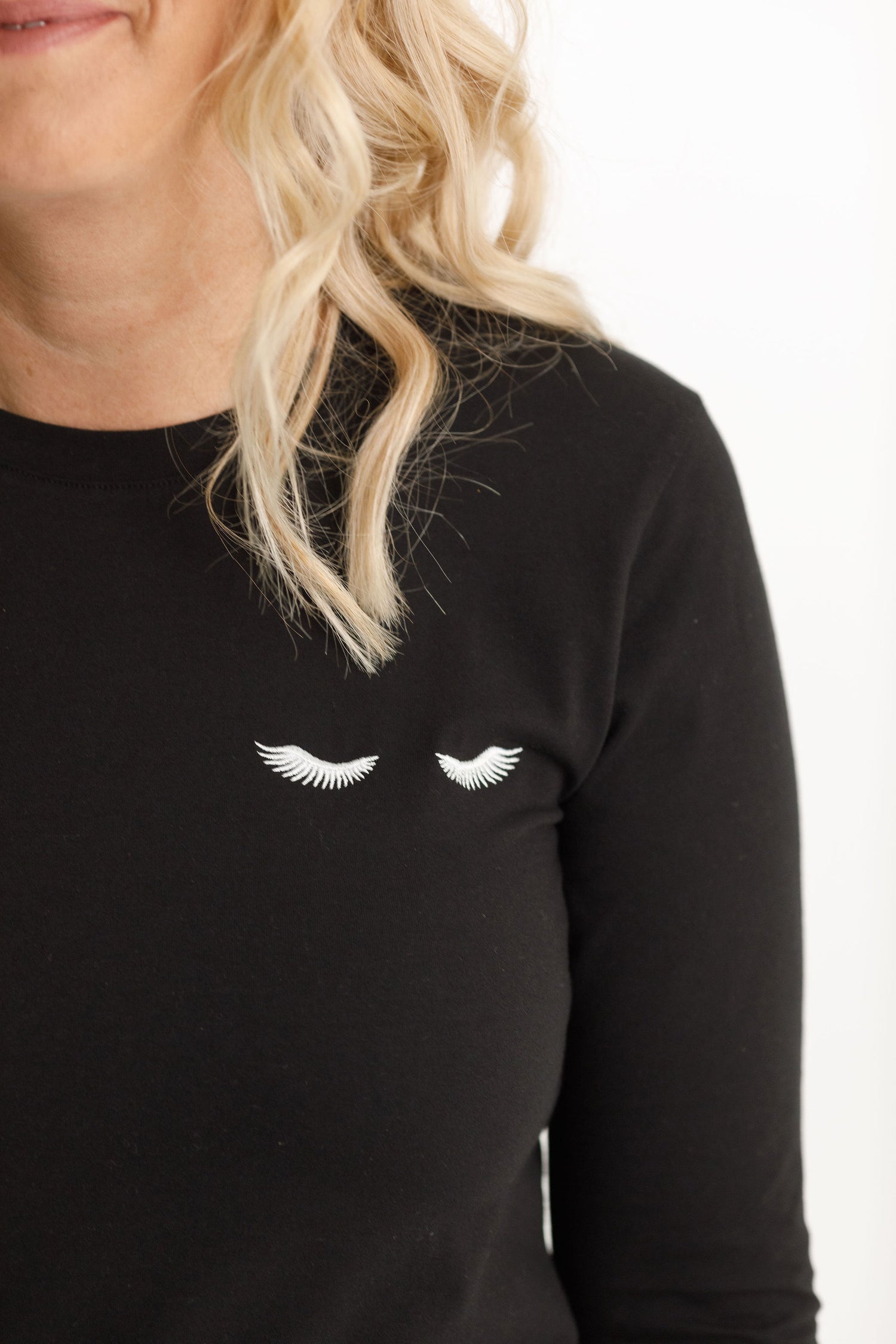 Long Sleeve Tee - Black with White Embroidery Eyelashes