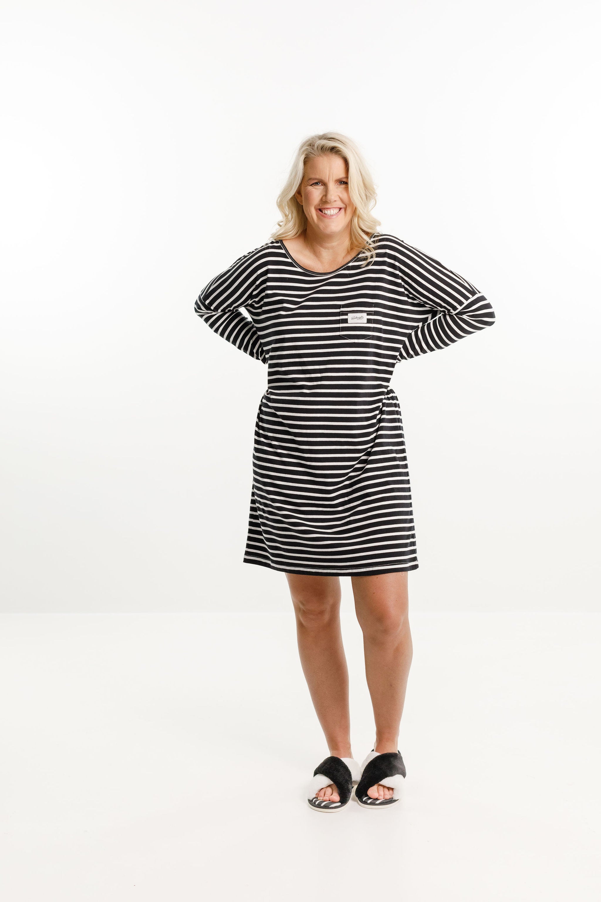 Long Sleeve Nighty - Black &amp; White Stripes