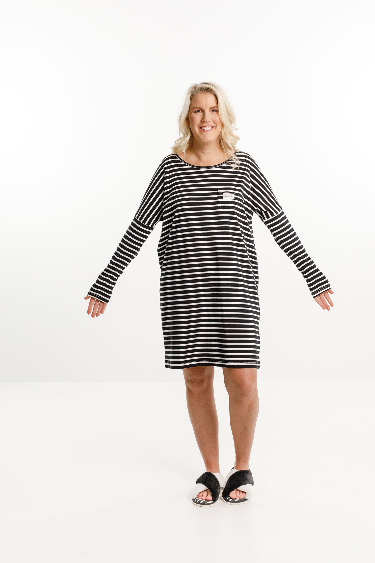 Long Sleeve Nighty - Black &amp; White Stripes