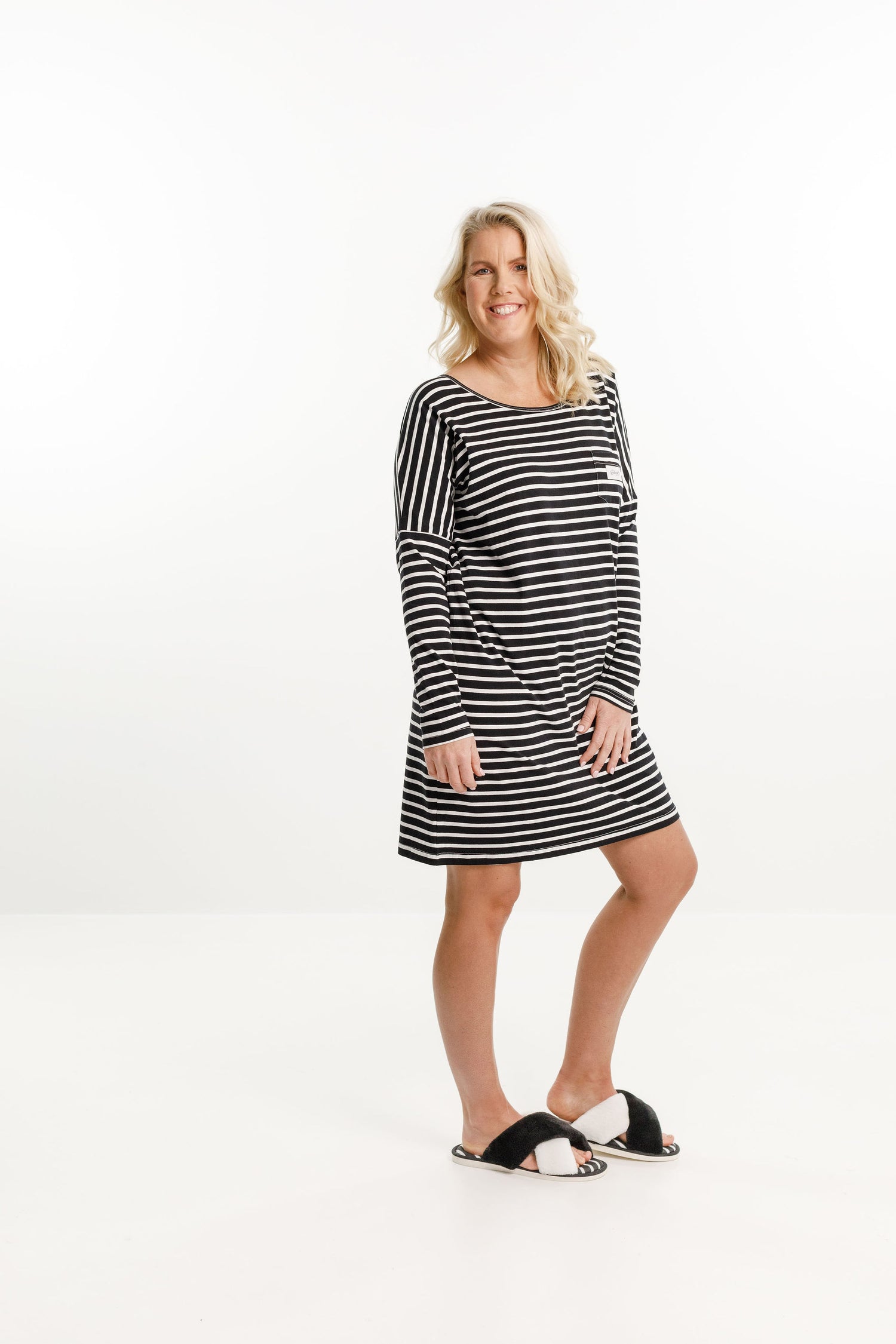 Long Sleeve Nighty - Black &amp; White Stripes