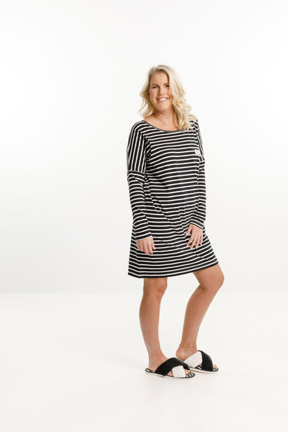 Long Sleeve Nighty - Black &amp; White Stripes