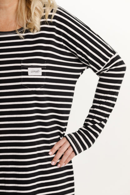 Long Sleeve Nighty - Black &amp; White Stripes